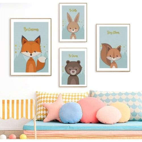 Fox Rabbit Deer Raccoon Bear Squirrel Cartoon Wall Art Canvas Painting Nordic Posters And Prints Wall Pictures Kids Room Decor