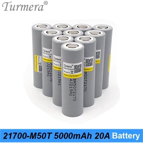 Turmera 21700 5000mAh M50T Lithium Battery 20A Discharge Current for Flashlight Heanlamp and 36V 48V Electric Bike Batteries Use