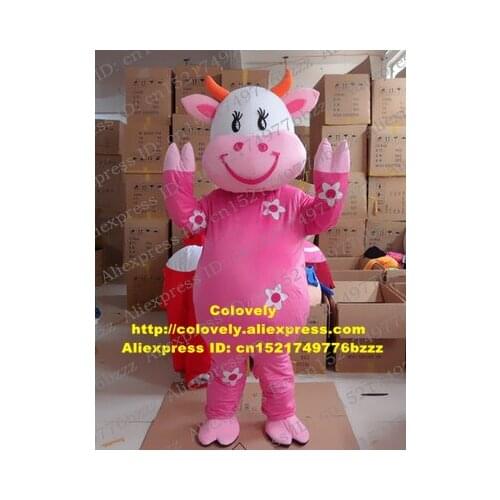Smart Pink Beauty Cow Mascot Costume Mascotte Bossy Heifer Die Kuh Cattle With Small Orange Horns Happy Face No.2721 Free Ship