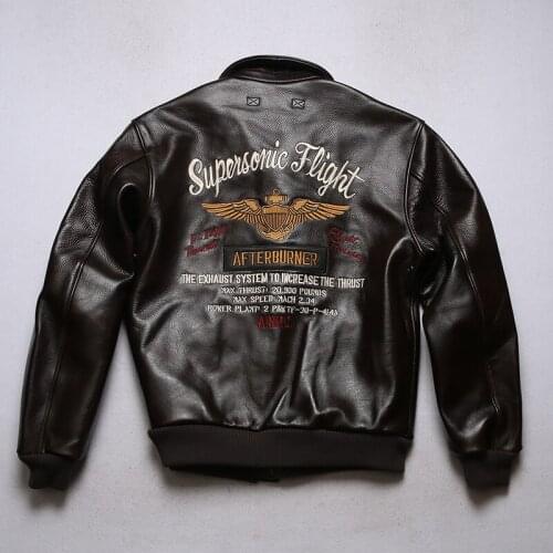 Mens Genuine First Layer Cowhide Air Force Flight Suit Leather Jacket Motorcycle Fashion Slim Cowhide Jacket Coat Size 4XL