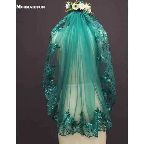 New 0.9 Meters One Layer Lace Edge Green Tulle Wedding Veil With Comb