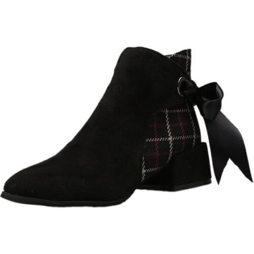 New Winter Womens Medium-heeled Shoes, Thick Heels, Retro Plaids, Mature Wild Bows, Pointed Fashion Cute Womens Shoes B21-42