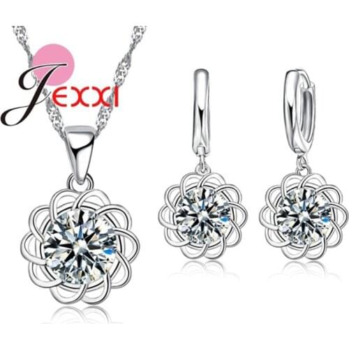 Charming Sunflower Clear CZ Stones Pendent 925 Sterling Silver Necklace Hoop Earrings Jewlery Sets for Women Engagement