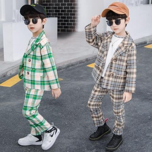 Autumn Fashion Kids Boy Plaid Suit Clothing Set Little Gentleman Baby Blazer and Pants Suits 2 Pcs Sets Prom Clothes Green Khaki