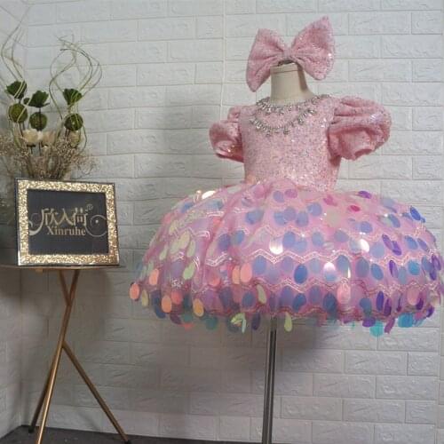 Flower Girls Pink Princess Ball Gowns Dresses Sequin Short Dresses Girls Party Dresses Pageant Ball Gowns Custom Beading Shinny