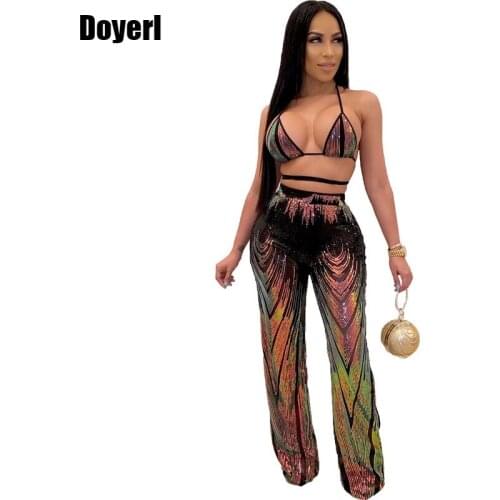Sexy Club Sequin Two Piece Set Women 2 Piece Outfits Crop Top and Long Pants Set Festival Clothing Luxury Party Matching Sets