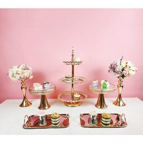 Mirror Crystal beads cake stand set gold plated surface dessert stand wedding party table decoration