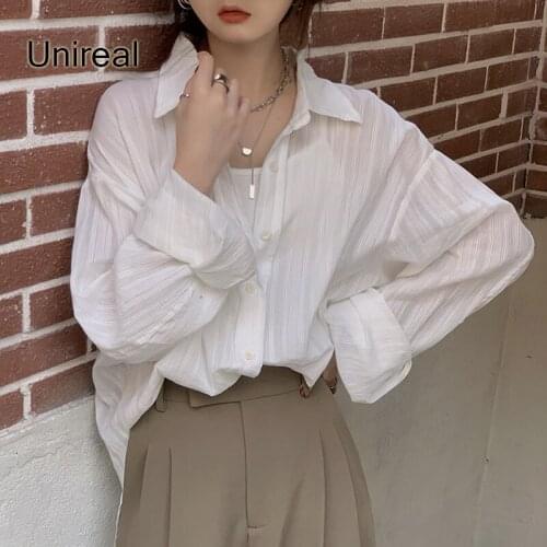Unireal 2021 Summer Women White Shirt Long Sleeve Casual Loose Sexy Transparent Oversized Shirt Blouse