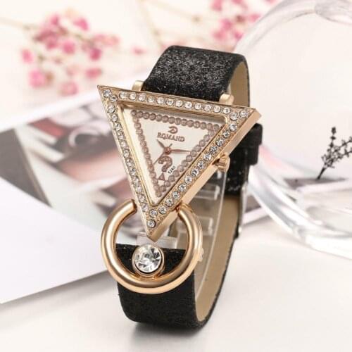 Womens Watches Rhinestone Tria-ngle Dial Shim-mer Faux Leather Band Women Quartz Wrist Watch New