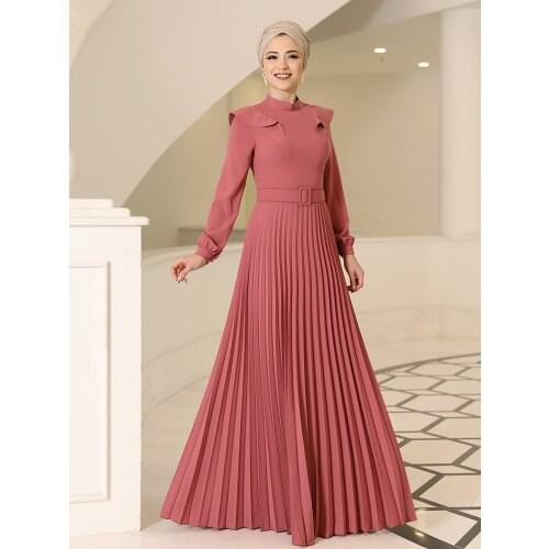 Women Muslim Dress Modest Fashion Pleat Skirt With Belt Elegant Invitation Hijab Clothing High Quality Long Size Made in Turkey