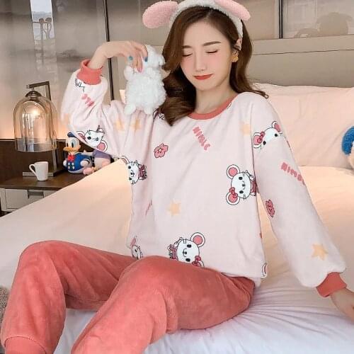 Autumn/Winter Flannel Fabric Comfortable Warm Pajama Sets For Women New Korean Style Lovely Cartoon Pattern Tops+Pants 2 Piece