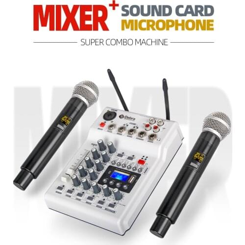 Debra DJ Console Mixer Soundcard with 2channel UHF wireless microphone for Home PC Studio Recording DJ Network Live Karaoke