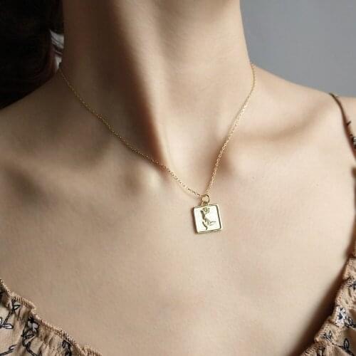 1pc Authentic 925 Sterling silver GOLD Square Rose flower pendant geometry choker necklace charm gift X103