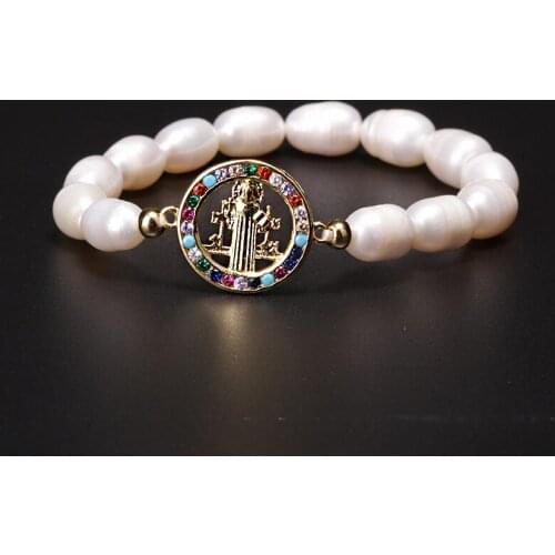 2021 Famati Hand CZ Connector Pure Natural Freshwater Pearl Plastic Rope Elastic Beaded Charms Unisex Statement Bracelet Gift