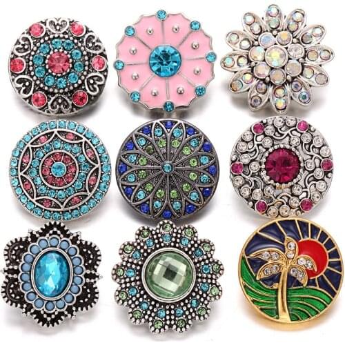 6pcs/lot New 18mm Snap Jewelry Metal Crystal Rhinestone Flower Snap Buttons Fit 18mm Snap Button Bracelet Interchangeable Charms