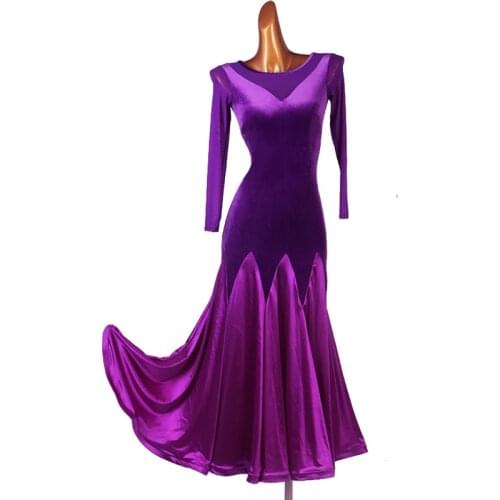 Ballroom Dance Dresses Long Sleeve foxtrot Dancing Skirt Women Stage Waltz Ballroom Dress black velvet MQ104