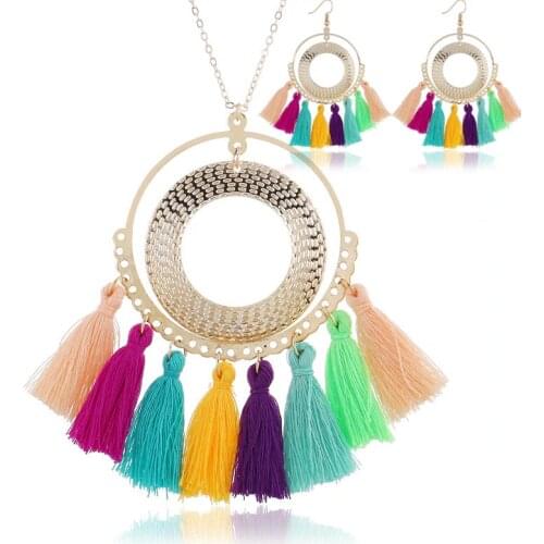 DIEZI Bohemian Multicolor Tassel Necklace Earrings For Women Statement Fashion Jewelry Chokers Necklace Boho Chain Necklace