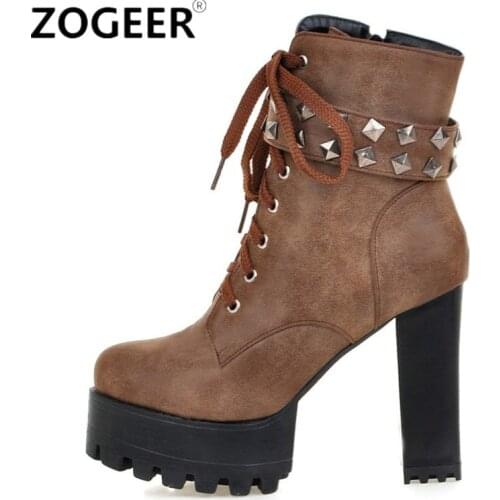 Fashion Women Ankle Boots Platform Punk Heeled Motorcycle Boot Sexy Buckle Rivets Black PU leather Short Shoes Woman Big Size 48