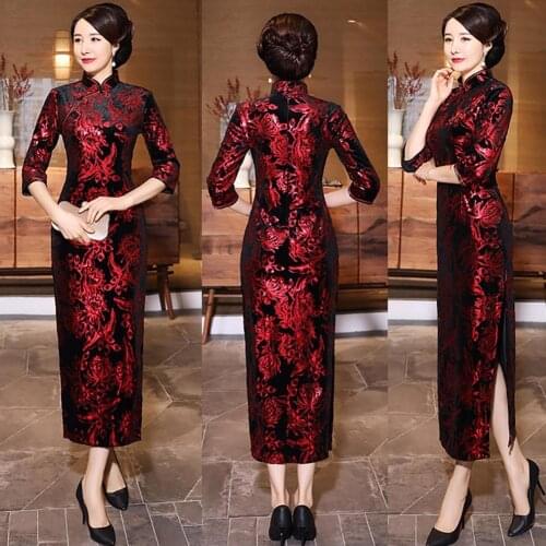 Elegant Chinese Qipao Cheongsam Floral Print 3/4 Sleeve Cheongsam Side Long Split Midi Cheongsam Women Banquet Evening Dresses