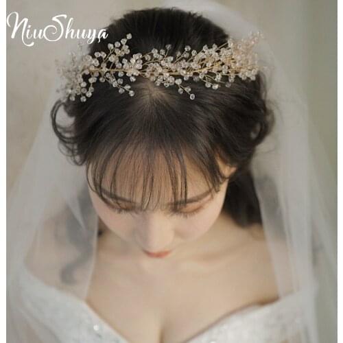 NiuShuya Elegance Gold Hair Jewelry Clear Crystal Vine Tiara Headbands Handmade Bridal Hairbands Wedding Hair Ornament Accessory