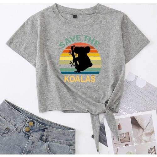 Koala Lovers Save The Koalas Crop Top Womens Summer Short-sleeve Print Cotton T-shirt Cropped Tops Graphic Tee with Front Knot