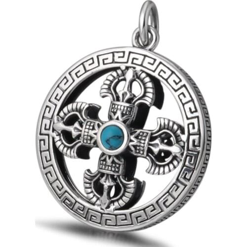 990 Pure Silver Inlaid Turquoise Pendant Thai Silver Retro Mens and Womens Reverse Round Pendant