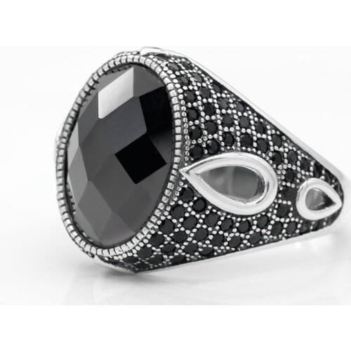 Men Ring with Black Cubic Zircon Stone 925 Sterling Silver Water Drop Design Vintage Jewelry for Male Women Anniversary Gift