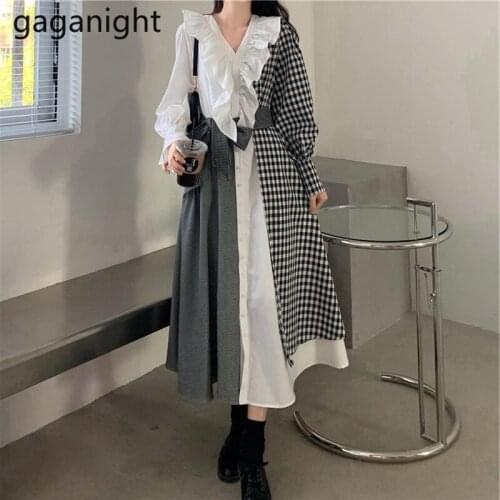 Gaganight New Woman Plus Size Plaid Elegant Dress Long Sleeve V Neck Mid-Claf Vestido Female Ruffles Irregular Party Dress Robe
