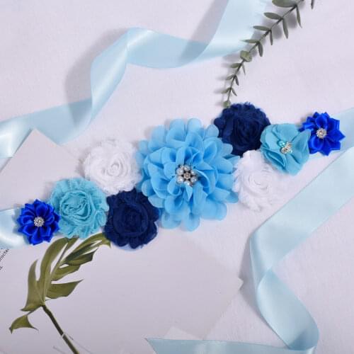 Purtulle Maternity Sash Women Blue Flower Sash Pregnancy Belly Belt Bridal Ribbon Cummerbunds Wedding Dress Waist Belt