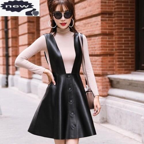 Luxury Women Real Sheepskin Straps Dress A Line Short Genuine Leather Mid Dresses Fashion Slim Suspenders Ladies Autumn Sundress