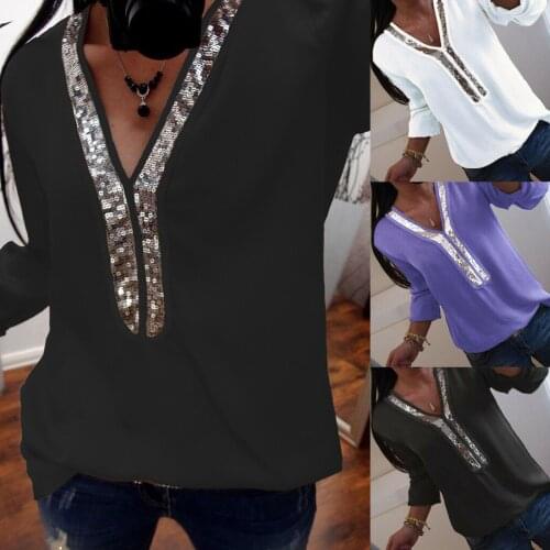 2021 New Womens Casual Long Sleeve V-neck Sequined Shirts Tops Loose Blouse High Quality Comfy Elegant Shirts Рубашка Женская