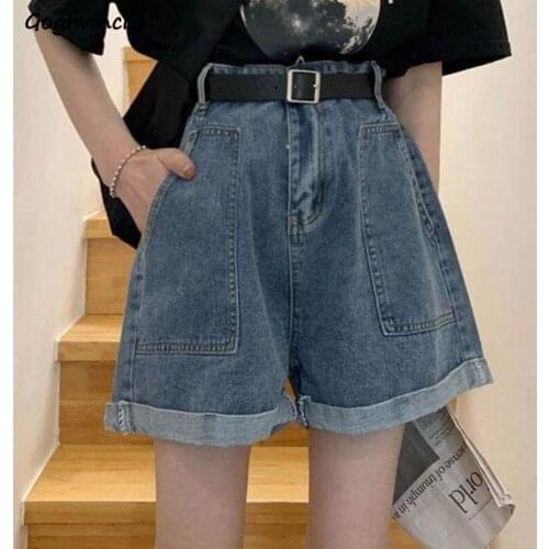 Women Denim Shorts High Waist Wide-leg Crimping Vintage Ins Pockets Harajuku Boyfriend Style Slim Students Short Trousers Retro