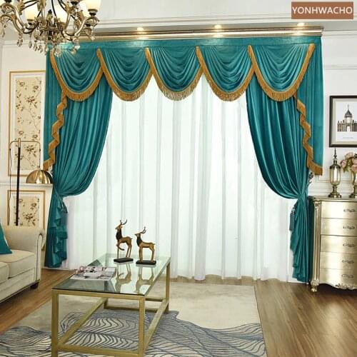 Custom curtain European living room high-end bedroom velvet luxury thick blue cloth blackout curtain valance tulle drape C837