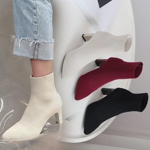 Womens Ankle Boots, Elastic High-heeled Sock Boots, Fashionable Pointed Booties Shoes