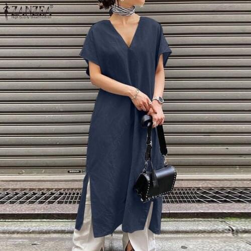 Womens Baggy Sundress ZANZEA Elegant Split Summer Dress Short Sleeve Midi Vestidos Female V Neck Casual Robe Femme Oversize