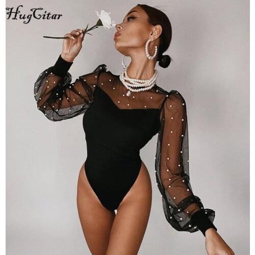 Hugcitar 2020 Mesh Pearl Patchwork Long Puff Sleeve Sexy Bodysuit Winter Women Fashion Streetwear Party Elegant Lady Romper