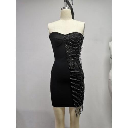 2021 New Arrival Good Quality Summer Women black white strapless mesh crystals Bandage Mini Dress Party Eveing Dress Wholesale