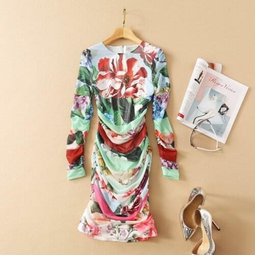 2021 Spring Summer Dress Mesh Green Empire Fashion Womens Clothes Runway Dress Crew Neck Long Sleeve SH