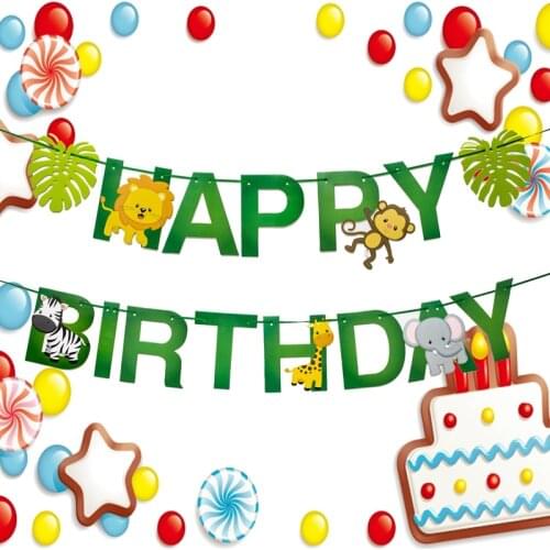 1Pc Party Decor Pull Flag Banner Jungle Cartoon Animal Kids Birthday Pennant Decoration Hanging Flag