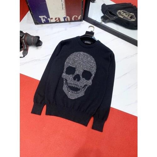 2021 Brand Pullover Rhinestone Shiny Oversized Hip Hop Skull Heavy Craft Picture Body Mens Sweater Long Sleeve