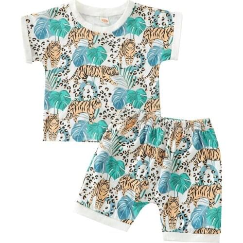 2021 0-36M Kids Baby Boy Clothing Tiger Tropical plants Print Short Sleeve Top T-shirt+Shorts Summer Cool Toddler 2pcs Set