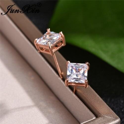 6MM Brilliant White Crystal Square Earrings For Women Rose Gold Clear Princess Zircon Stone Wedding Stud Earrings Jewelry