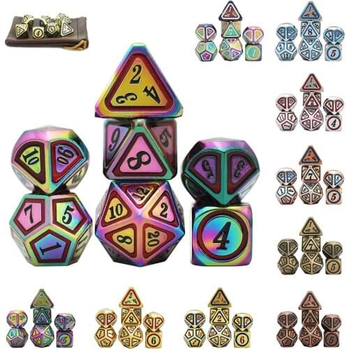 7 Pieces Metal Dices Set DND Game Polyhedral with Storage Bag Zinc Alloy with Enamel for Rpg Board Game Math Teaching