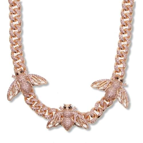 8mm rose gold pink 5A cubic zirconia cuban bee necklace Iced Out Rock link cz bee charm cuban chain chiker women hip hop jewelry