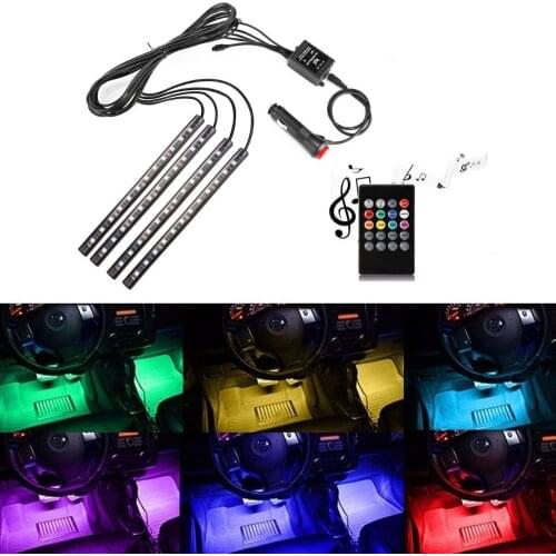 Car LED Strip Light Waterproof SMD5050 RGB Multicolor Car Interior Atmosphere Lights Set + Sound-Activated IR Remote Controller