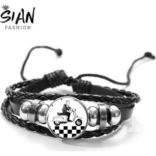 SIAN Rude Boy Rude Girl Leather Bracelet SKA Pattern Art Photo Glass Dome Black Multilayer Bracelet For Friend Fans Jewelry Gift