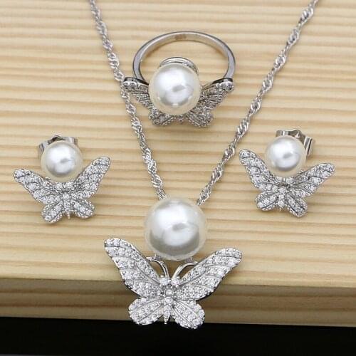 Butterfly 925 Sterling Silver Bridal Jewelry Sets White Pearl Zircon for Women Wedding Needle Earrings Animal Necklace Set