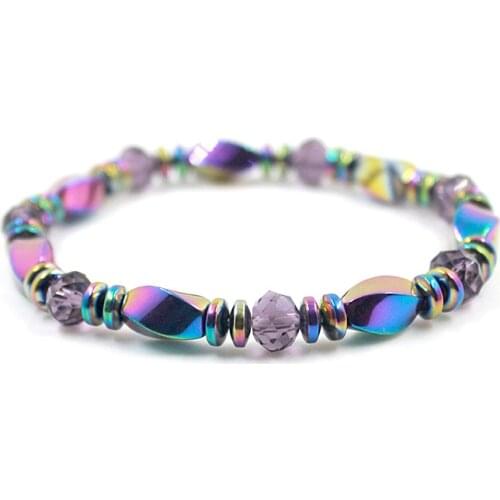 Rainbow Color Coated Hematite Beaded Bracelet Faced Crystal Beads Strand Bracelet Handmade Jewelry for Men and Women