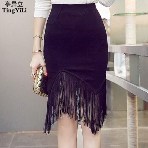 TingYiLi Black Fringe Skirt High Waist Slim Tight Bodycon Skirt Elegant Office Ladies Knee Length Pencil Skirts Womens S-5XL