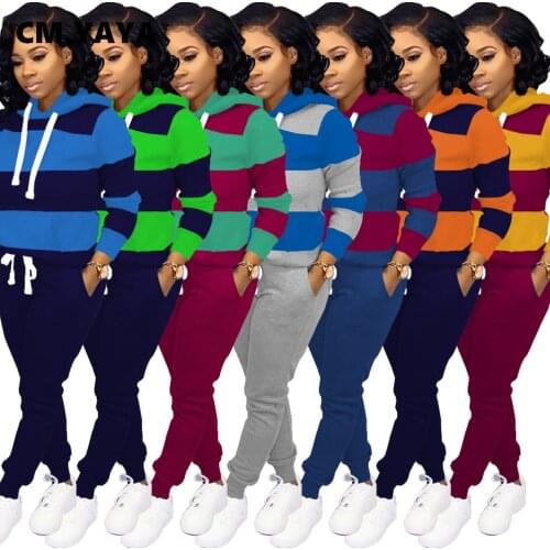 CM.YAYA Activewear Classic Womens Set Striped Hooded Sweatshirt Jogger Pants Set Sporty Tracksuit Fitness Two Piece Set Outfits
